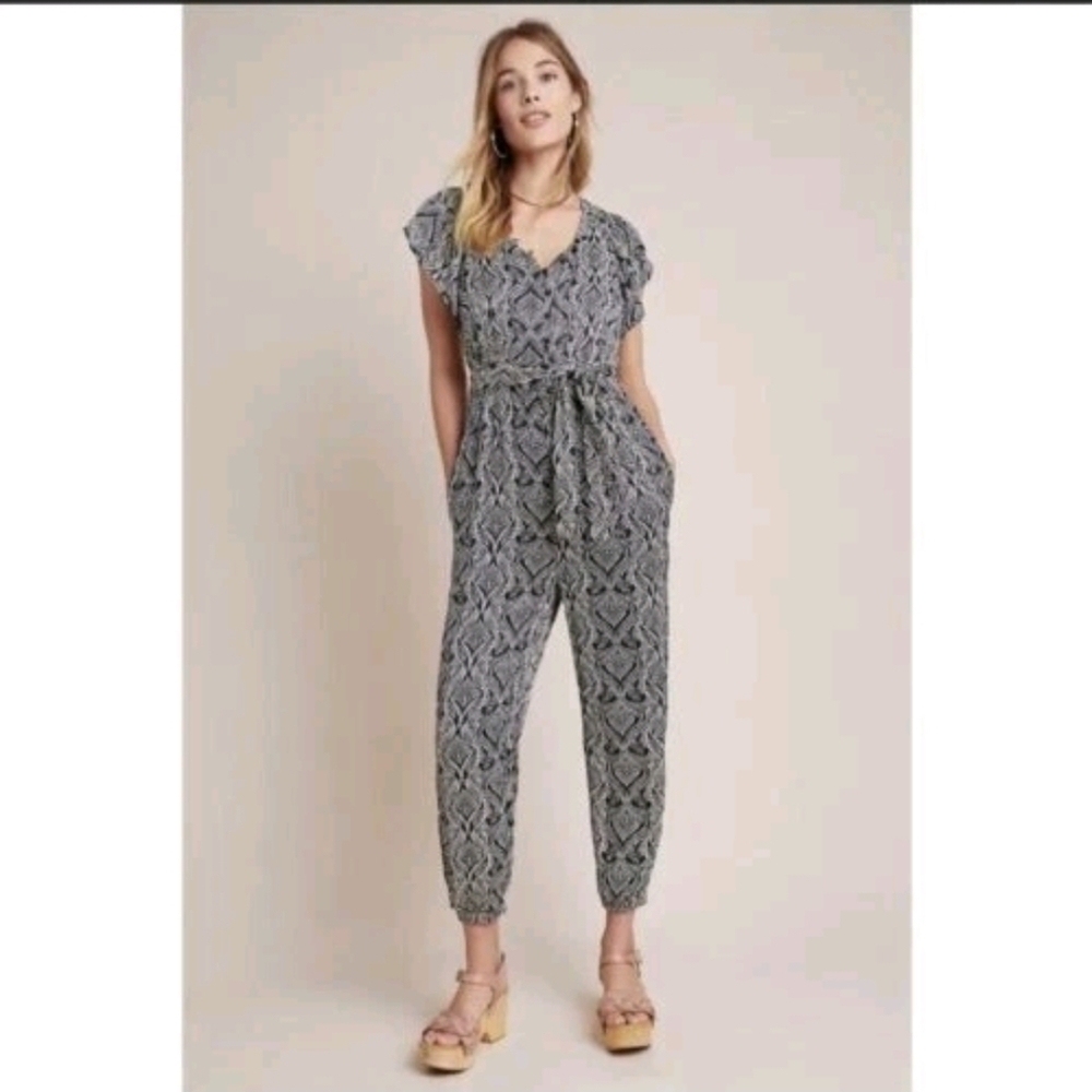 ANTHROPOLOGIE Zadie Black and cream Short sleeve Jumpsuit Size 4